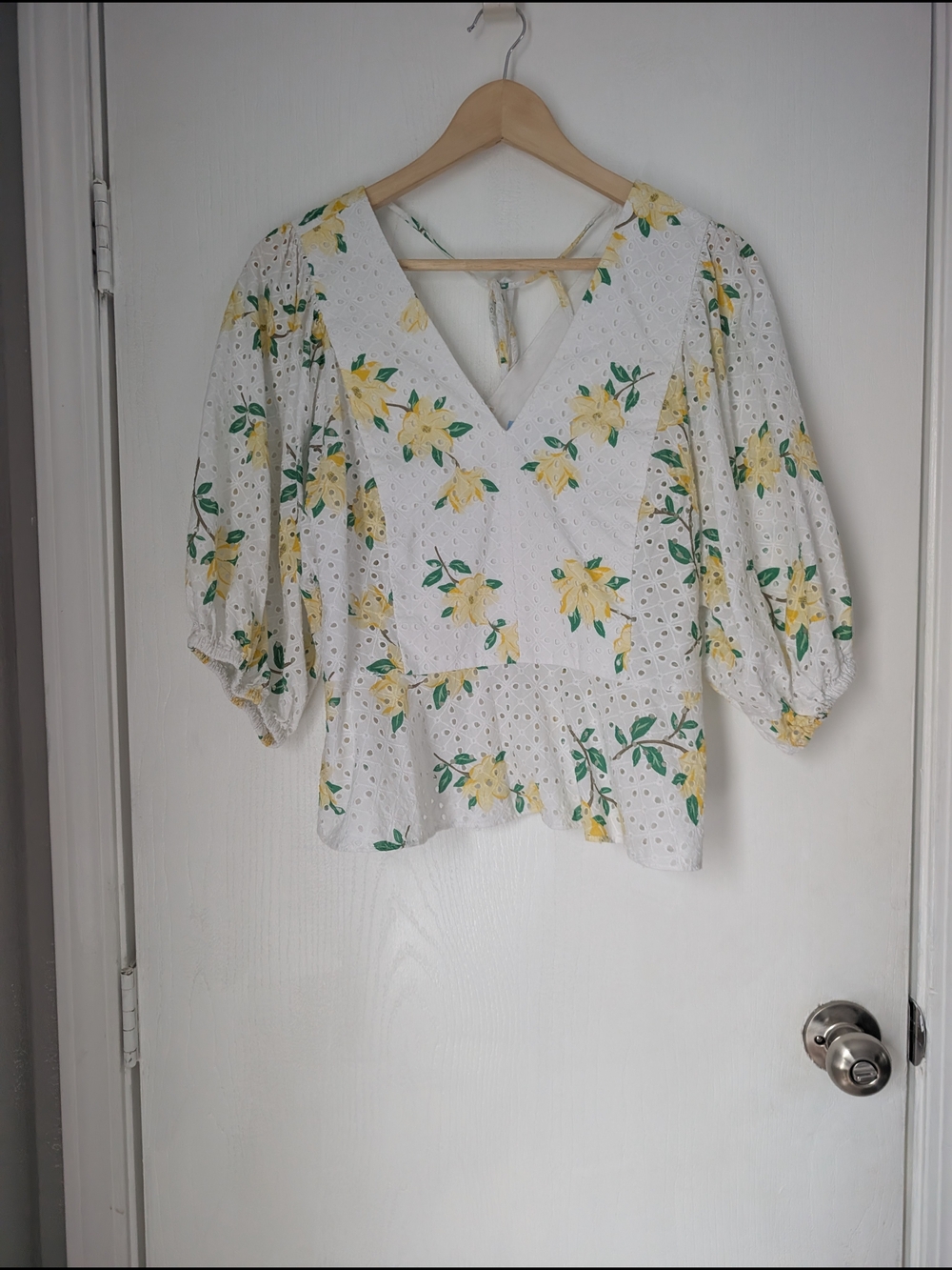 Draper James White Eyelet V‑Neck Peplum Top with Yellow Floral Print